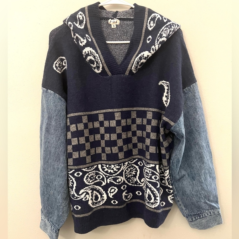 POL Navy and Gray V-Neck Sweater with hood and denim sleeve detail - Picture 1 of 8